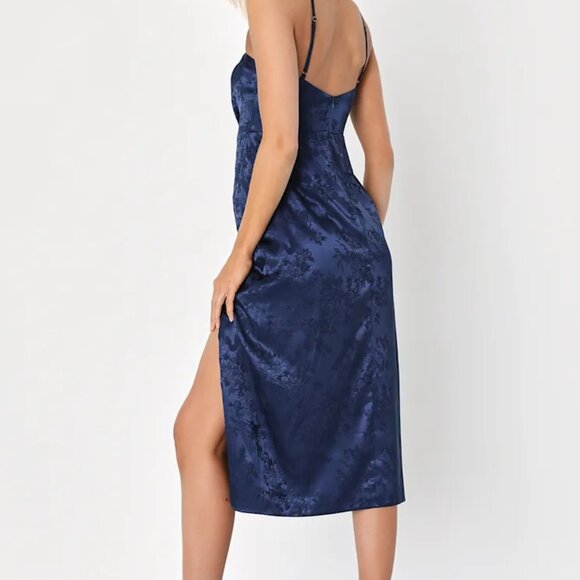 Lulus Desirable Dream Satin Jacquard Halter Neck Midi Dress - Picture 3 of 6